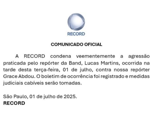 Record TV divulgou a nota nas redes sociais