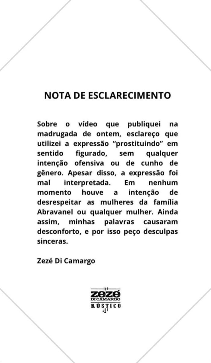 Zezé se pronunciou por meio de nota 