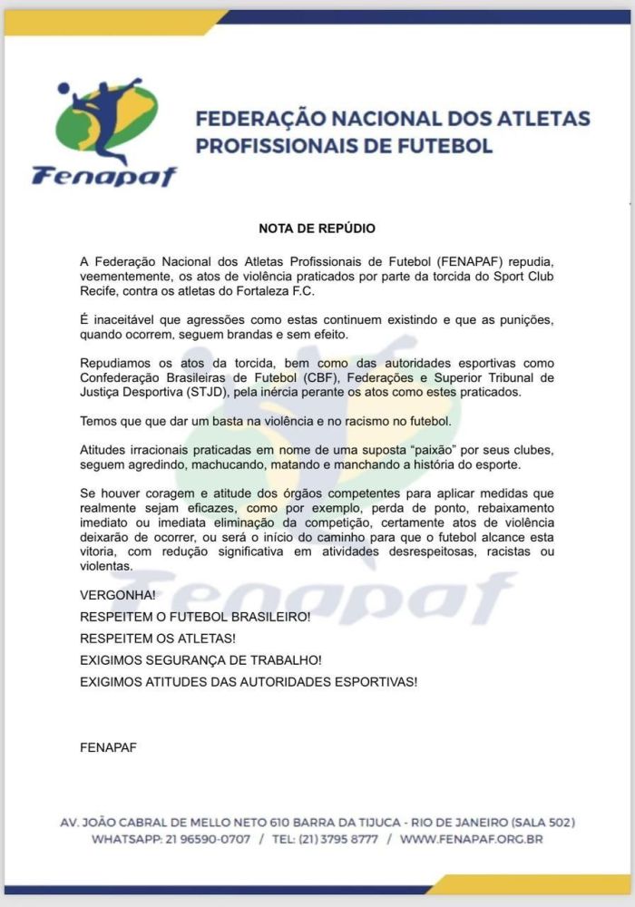Penapaf repudiou ataque à delegação do Fortaleza e criticou a CBF e o STJD