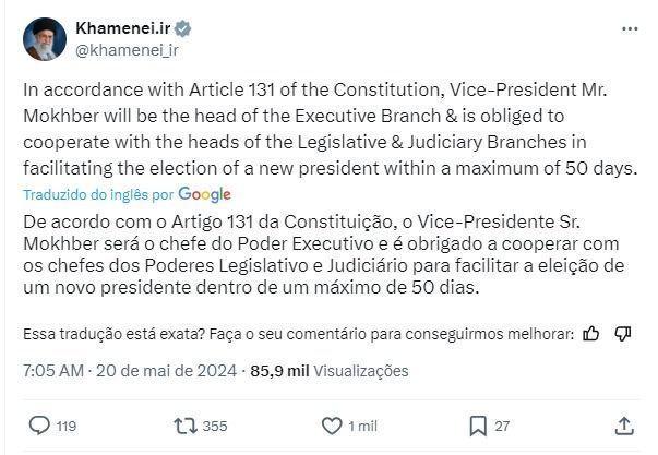 Ficou definido pelo líder aiatolá Ali Khamanei, sendo a pessoa mais importante do Irã, que Mohammad Mokhber de 69 anos, que era o primeiro-vice-presidente, é quem irá assumir o cargo de presidente do Irã.