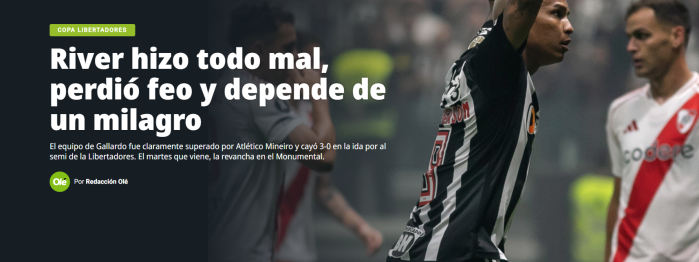 Diário Olé diz que River 'depende de um milagre' para avançar à final