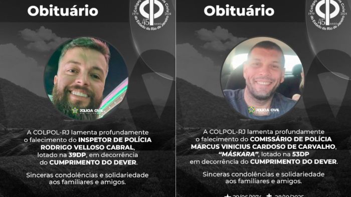 Policiais Rodrigo Velloso e Marcus Vinicius, o 'Máskara', que morreram durante a operação mais letal no Rio de Janeiro. Policiais Rodrigo Velloso e Marcus Vinicius, o 'Máskara', que morreram durante a operação mais letal no Rio de Janeiro.