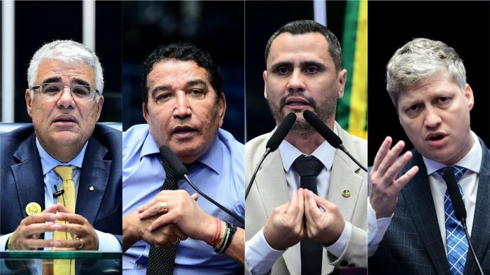 Da esquerda para a direita: Eduardo Girão (Novo-CE), Magno Malta (PL-ES), Cleitinho (Republicanos-MG) e Marcel Van Hattem (Novo-RS)
