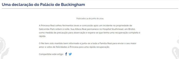 No comunicado, o Palácio não informou o que causou a concussão, mas afirmou que ela teve 