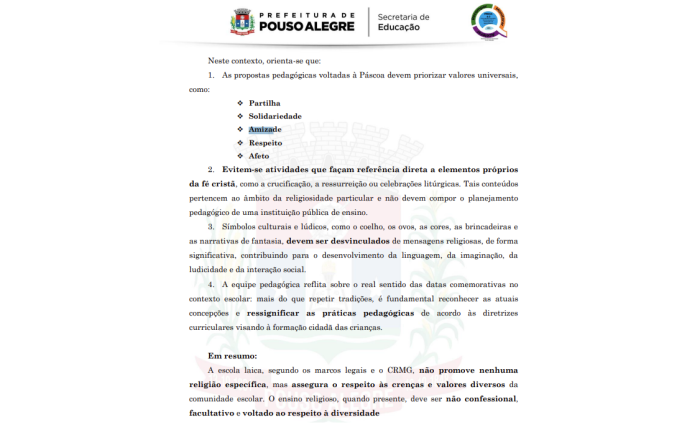 Trecho do documento da secretaria de educação de Pouso Alegre, no Sul de Minas Trecho do documento da secretaria de educação de Pouso Alegre, no Sul de Minas
