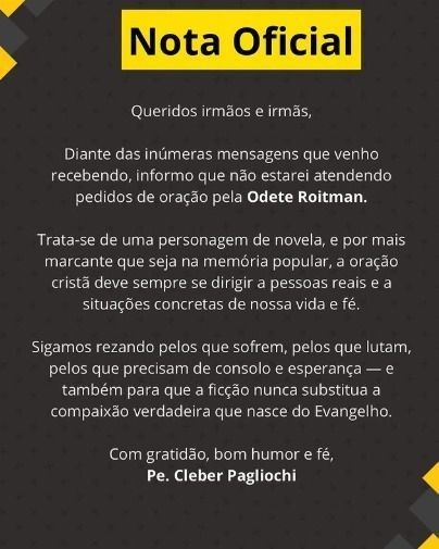 Nota foi publicada no Instagram do padre 