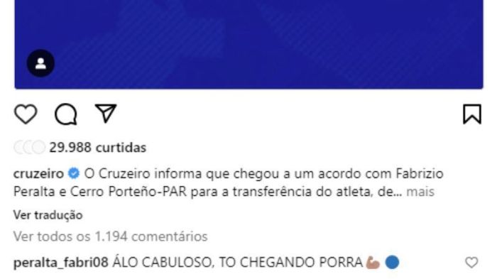 Comentário de Peralta na publicação com anúncio do acerto do Cruzeiro acerto pela contratação do paraguaio