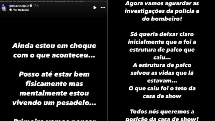 A casa de show foi contratada pelo cantor Gustavo Sagaiz, que estava presente na hora do acidente e que se manifestou por meio de um vídeo nas redes sociais.