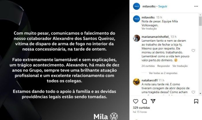 Concessionária lamenta a morte do funcionário, Alexandre dos Santos Queiroz, de 66 anos, morto a tiros, na última terça-feira (28). Concessionária lamenta a morte do funcionário, Alexandre dos Santos Queiroz, de 66 anos, morto a tiros, na última terça-feira (28).