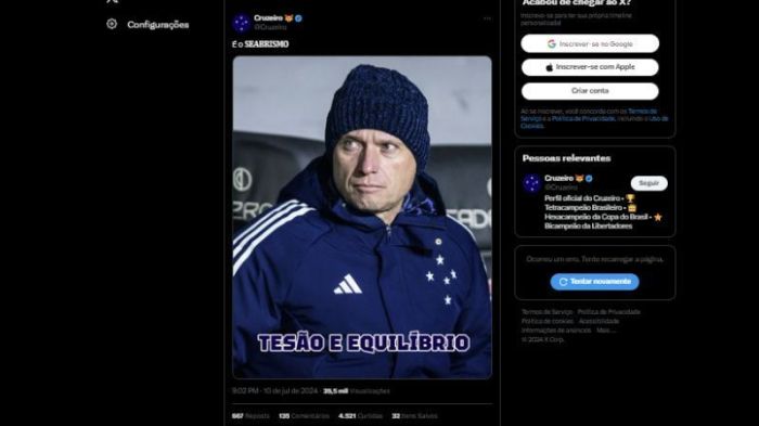 Post em bom humor do Cruzeiro no X citou 'tesão e equilíbrio'