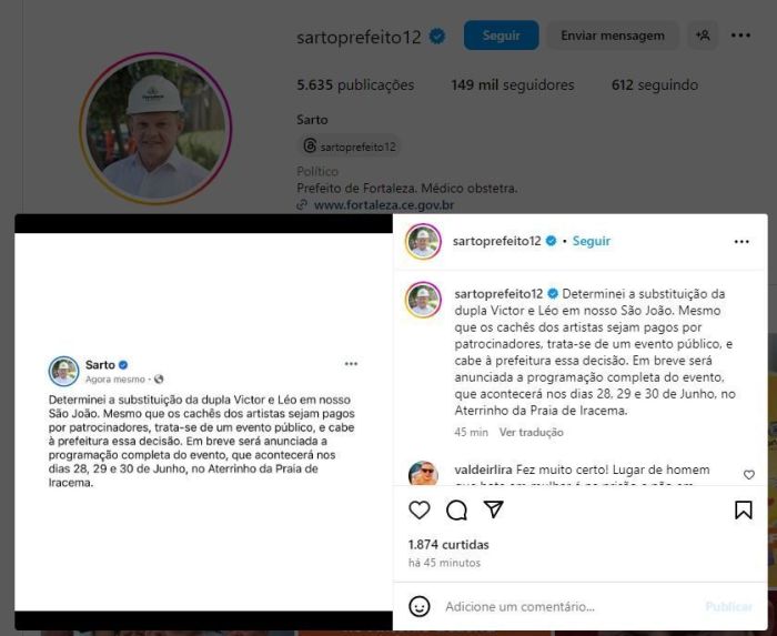 A informação foi feita por meio das redes sociais do prefeito.