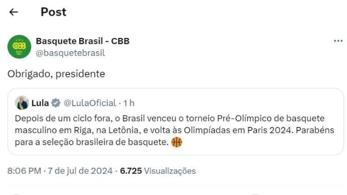 Resposta da CBB à mensagem de Lula