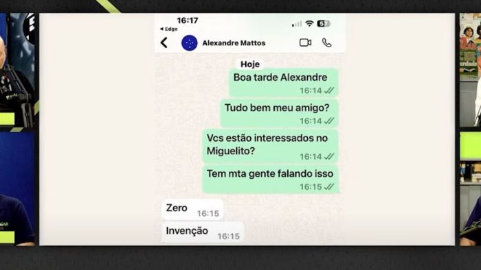 Print de conversa com Alexandre Mattos exibido por Fábio Sormani no Placar TV, a respeito de um interesse do Cruzeiro em Miguelito, do Santos