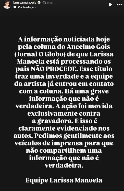 Larissa Manoela se pronunciou pelas redes sociais 