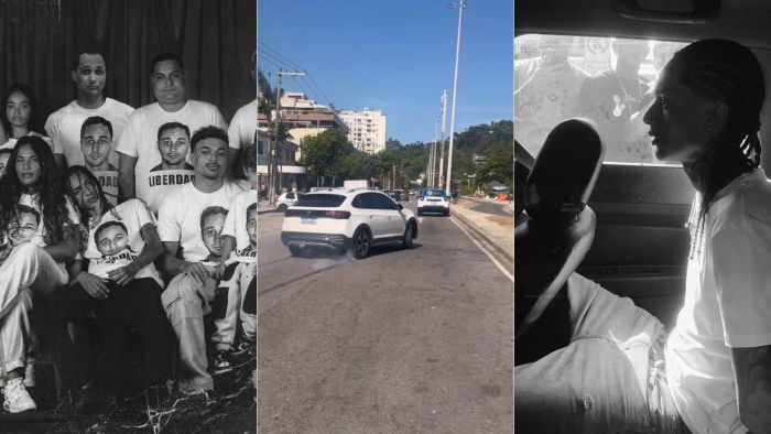 Familiares e o cantor de rapper com camisa 'pedindo liberdade ao pai, Marcinho VP'; cantor foi preso na última quinta-feira (20), por realizar manobras perigosas em SP. Familiares e o cantor de rapper com camisa 'pedindo liberdade ao pai, Marcinho VP'; cantor foi preso na última quinta-feira (20), por realizar manobras perigosas em SP.