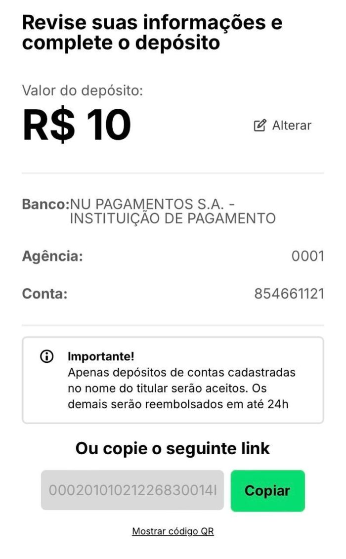 Revise as informações do depósito na KTO