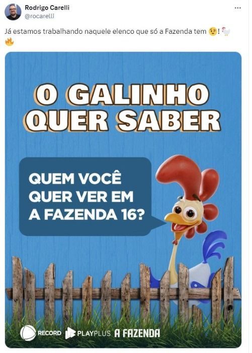 Rodrigo Carelli pede ajuda para formar elenco de A Fazenda 16