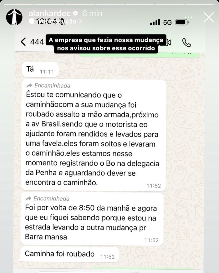 Caminhão que transportava mudança de Alan Kardec foi roubado nesta quinta (12), no Rio