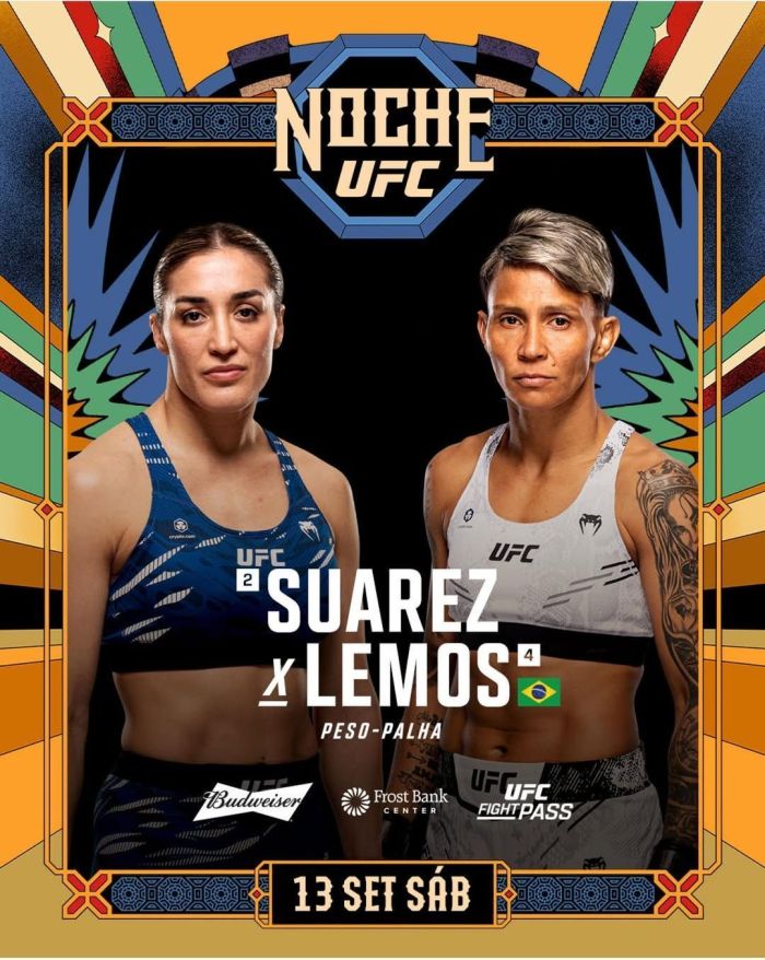 Pôster oficial do 'Noche UFC', que mostra o embate Suarez e Lemos, neste sábado (13) Pôster oficial do 'Noche UFC', que mostra o embate Suarez e Lemos, neste sábado (13)