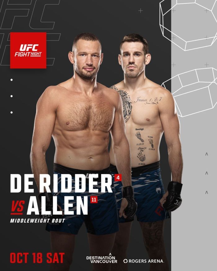 De Ridder e Allen se enfrentarão no UFC de Vancouver, do Canadá, em 18 de outubro