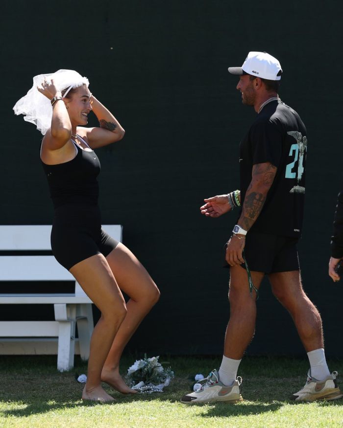 Aryna Sabalenka e Georgios Frangulis, noivos, em Indian Wells