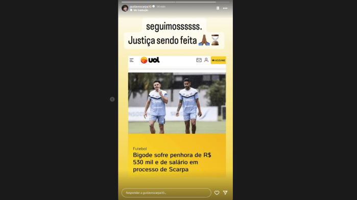Gustavo Scarpa reagiu à vitória sobre Willian Bigode na Justiça Gustavo Scarpa reagiu à vitória sobre Willian Bigode na Justiça