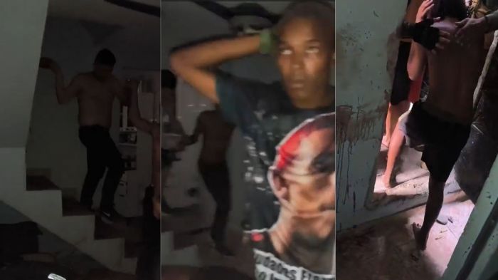 Momento em que os 26 criminosos se entregam à polícia, no dia da megaoperação do Rio, na terça-feira (28) de outubro de 2025.