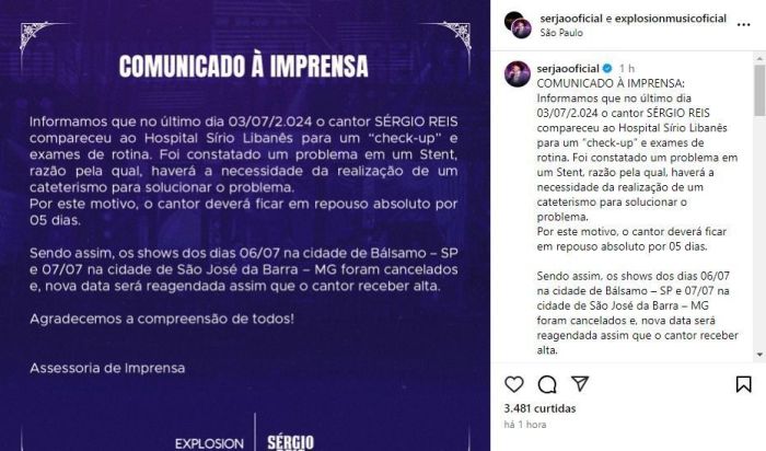 Sérgio Reis se submete a um cateterismo e cancela shows.
