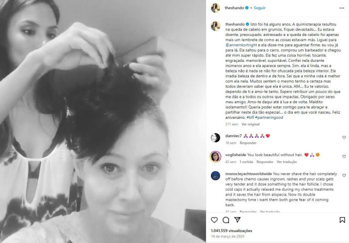 Shannen Doherty em publicação no Instagram, relata momentos do tratamento contra o câncer.