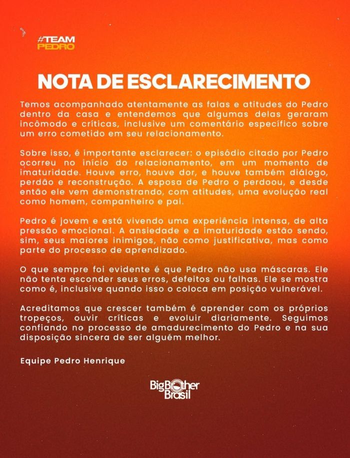 Nota de esclarecimento Pedro BBB 26
