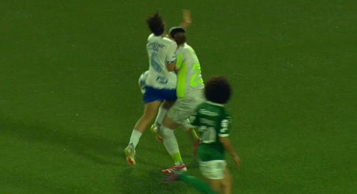 Clara, lateral-esquerda do Cruzeiro, e Kate Tapia, goleira do Palmeiras, se chocam durante partida do Brasileirão Feminino 
