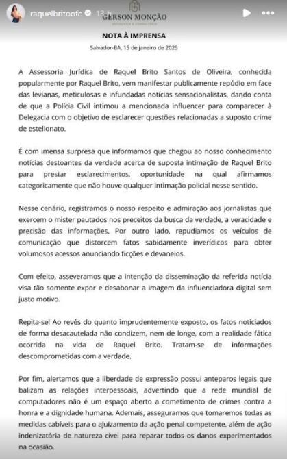 Raquel Brito se pronuncia sobre denúncia em investigação pelo MPBA