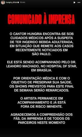 Cantor Hungria é internado com suspeita de ingestão de metanol