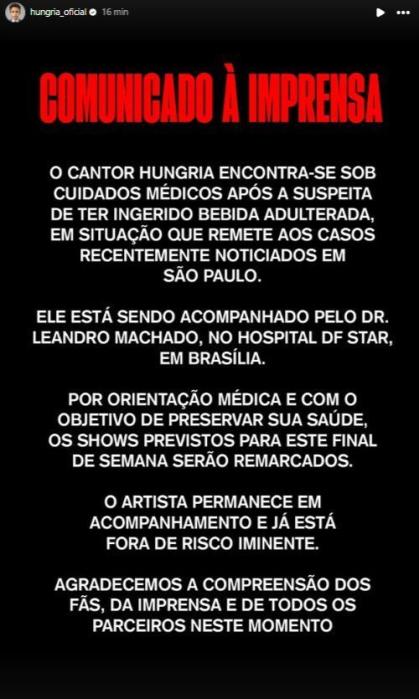 Cantor Hungria é internado com suspeita de ingestão de metanol