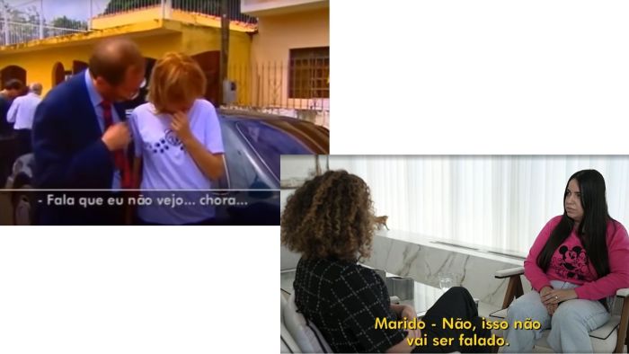 Já em outro momento da reportagem, outro advogado, Mário Sérgio de Oliveira, sem saber que o microfone estava ligado, sussurra no ouvido de Suzane para que ela chore durante a gravação.