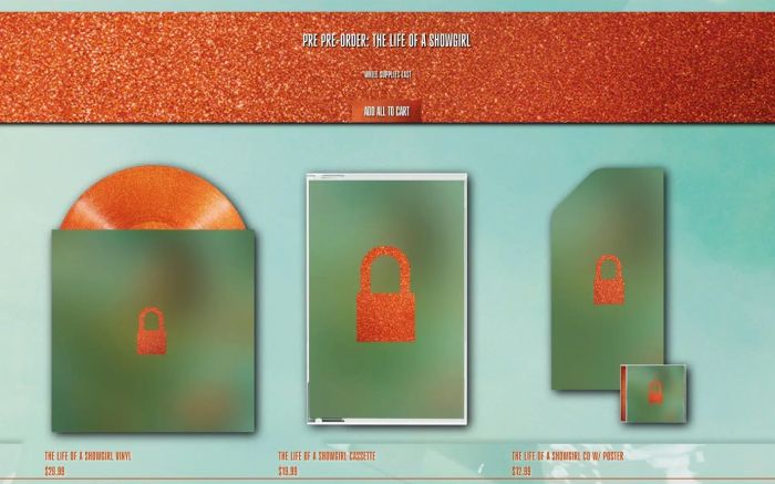 Página de uma loja online exibindo itens para pré-venda relacionados ao novo álbum de Taylor Swift 