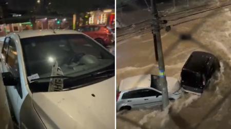 Placa de carro vai parar no retrovisor do veículo após chuva forte atingir Belo Horizonte