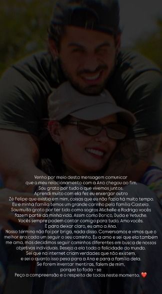 Texto foi publicado por Zé Felipe e repostado por Ana Castela 