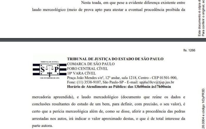 Trecho do documento com a decisão da 10ª Vara Cível do do Tribunal de Justiça de São Paulo Trecho do documento com a decisão da 10ª Vara Cível do do Tribunal de Justiça de São Paulo