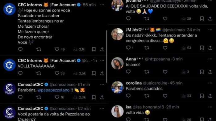 Torcedores do Cruzeiro comentaram publicação do clube sobre aniversário de Pezzolano