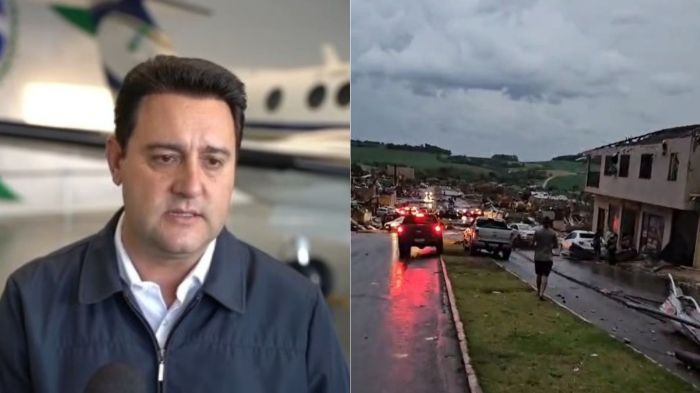 Governador Ratinho Jr. (PSD) na manhã deste sábado (8), após cidades do Paraná serem atingidas por um tornado.