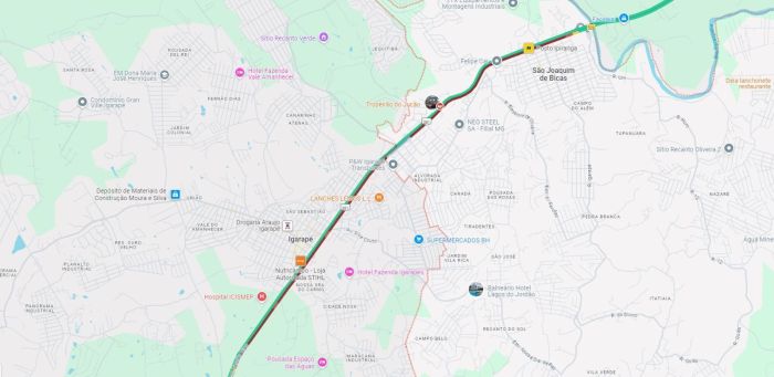 Google Maps mostra o congestionamento na BR-381, em São Joaquim de Bicas. Google Maps mostra o congestionamento na BR-381, em São Joaquim de Bicas.