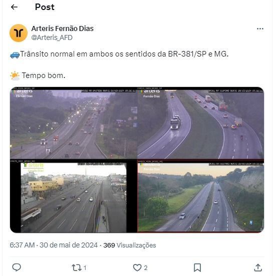 Trânsito normal em ambos os sentidos da BR-381/SP e MG. Trânsito normal em ambos os sentidos da BR-381/SP e MG.