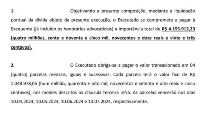 Trecho do acordo com datas e forma de pagamento a Ronaldinho Trecho do acordo com datas e forma de pagamento a Ronaldinho