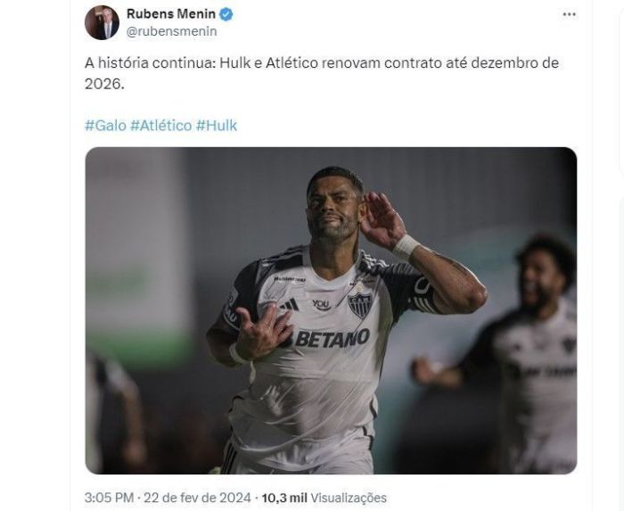 Menin celebrou a renovação de contrato do atacante Hulk com o Atlético
