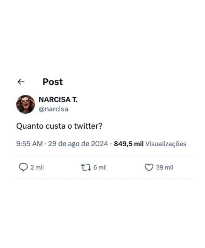 Narcisa quis saber qual o preço do Twitter