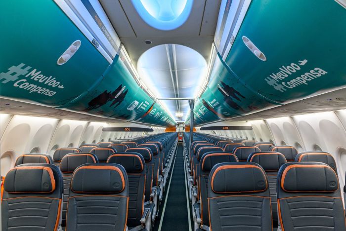 Interior da aeronave temática da Gol #MeuVooCompensa que tem o apelo da sustentabilidade. Interior da aeronave temática da Gol #MeuVooCompensa que tem o apelo da sustentabilidade.