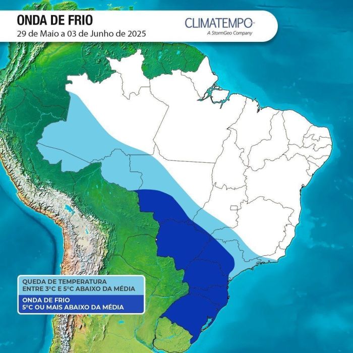 Áreas de impacto no Brasil da onda de frio entre 29 de maio a 3 de junho de 2025.