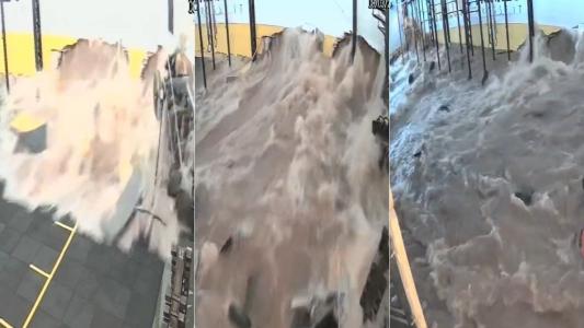 Vídeo flagra momento em que enxurrada rompe parede e invade academia durante temporal em SP
