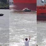 Vídeo: mãe e filha pulam de lancha sem combustível para escapar de colisão com navio